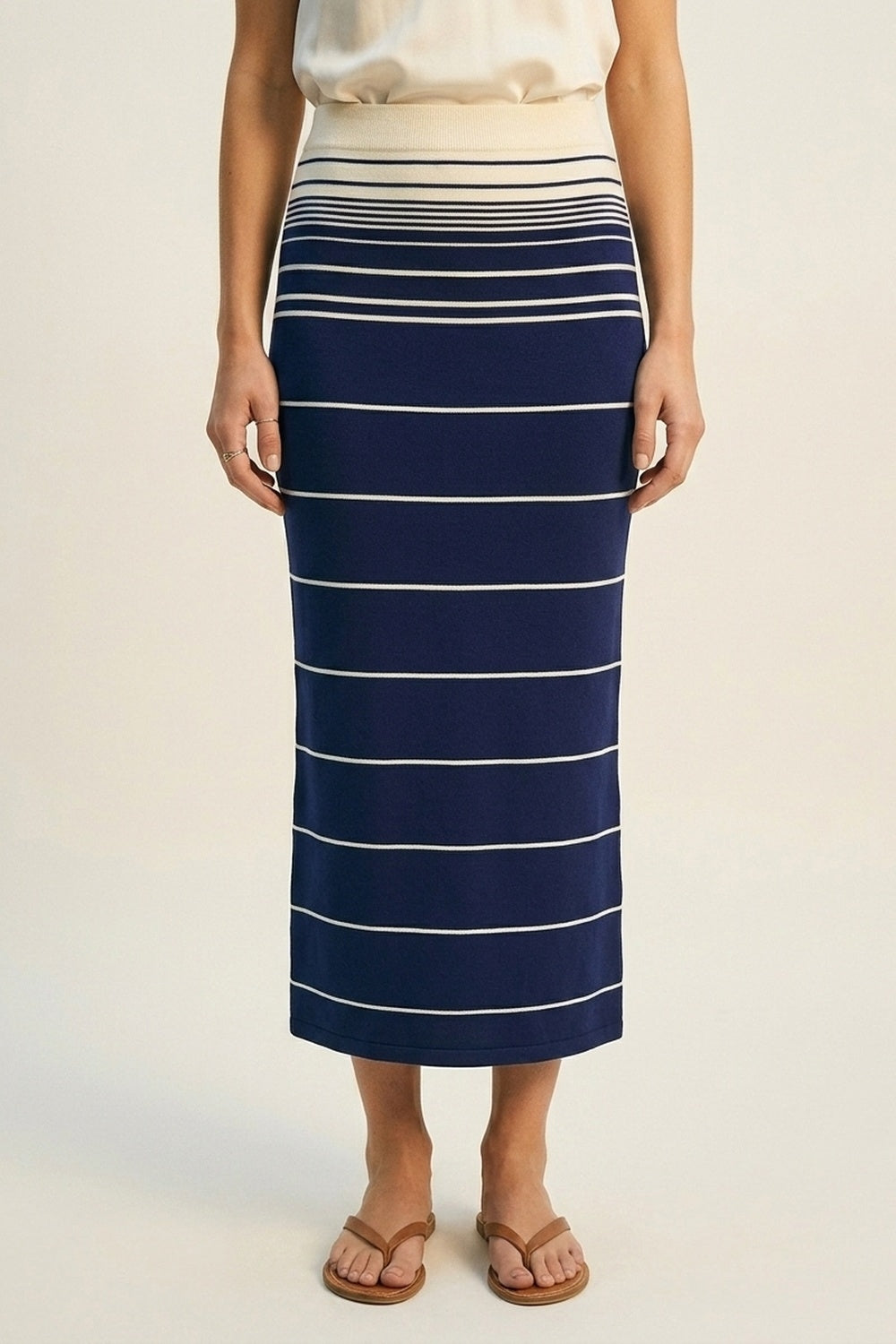 Navy Striped Knit Midi Skirt with Cream Waistband