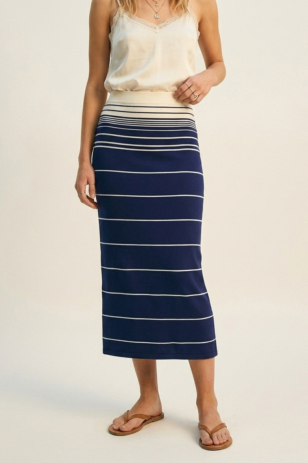 Navy Striped Knit Midi Skirt with Cream Waistband
