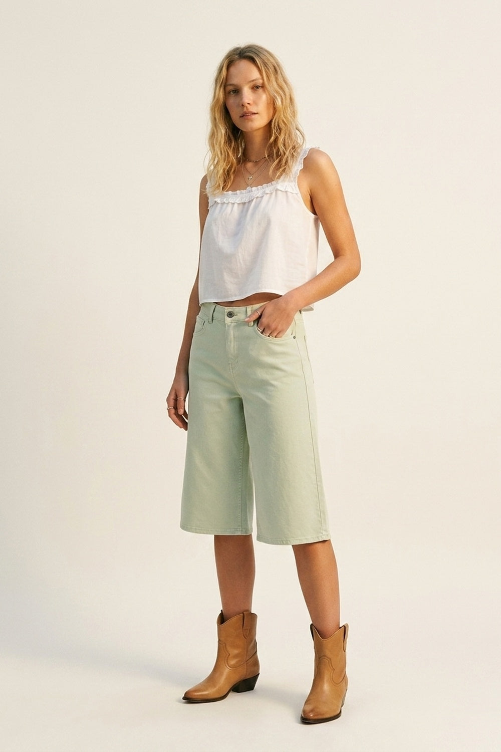 Stretch-denim Bermuda shorts in Mint Green - trousers