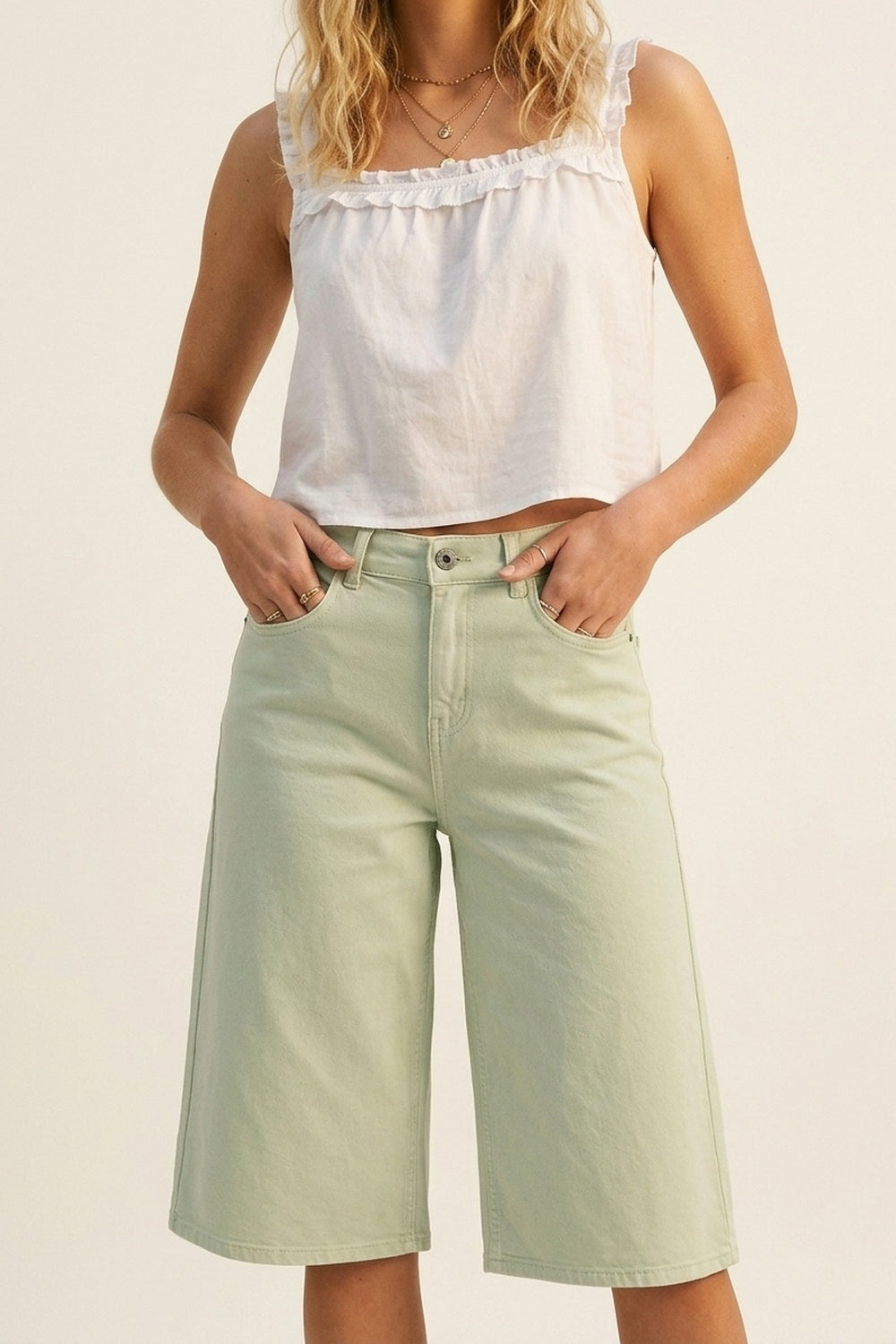 Stretch-denim Bermuda shorts in Mint Green - trousers