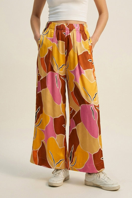 Tropical Print Wide Leg Pants in Warm orange tones - trousers