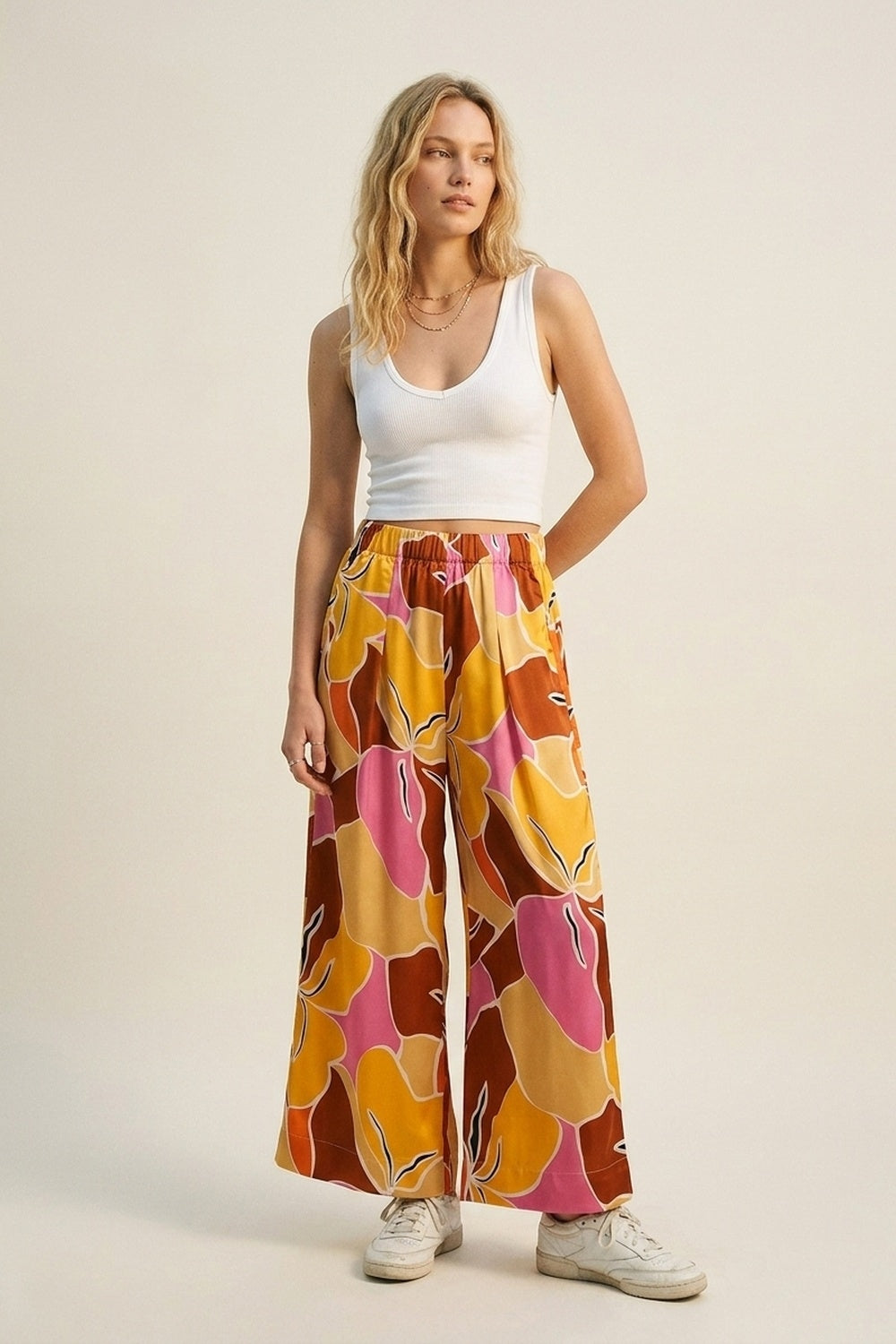 Tropical Print Wide Leg Pants in Warm orange tones - trousers