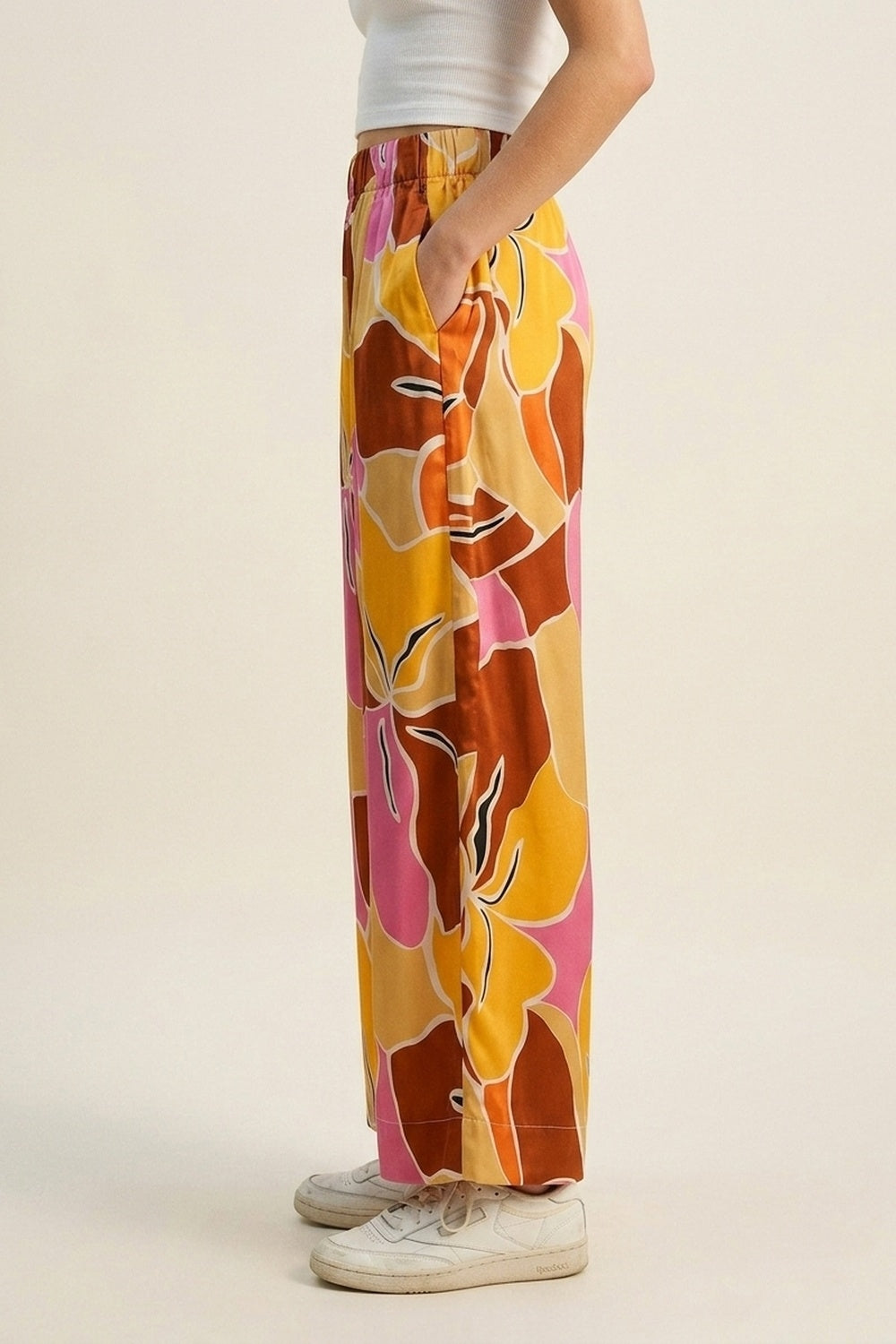Tropical Print Wide Leg Pants in Warm orange tones - trousers