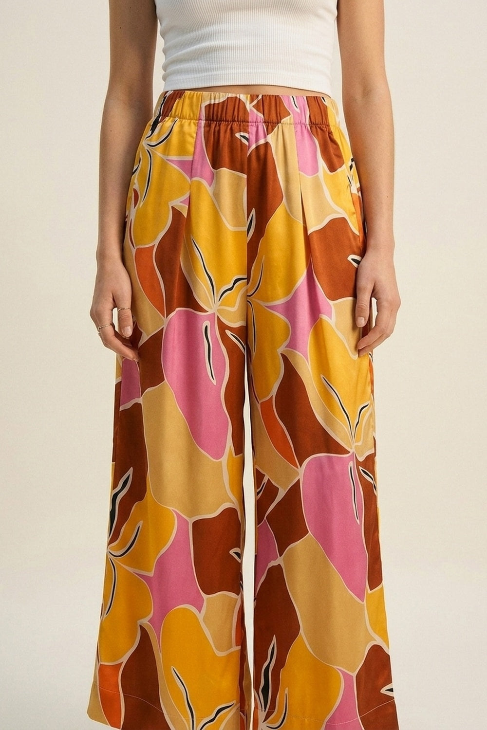 Tropical Print Wide Leg Pants in Warm orange tones - trousers