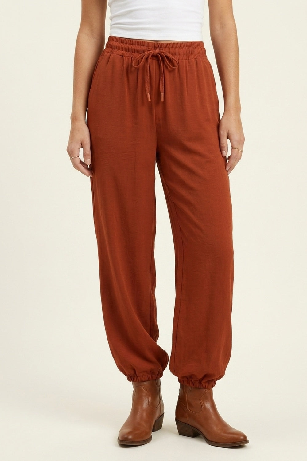 terracotta Wide-Leg Drawstring Waist Casual Pants - trousers
