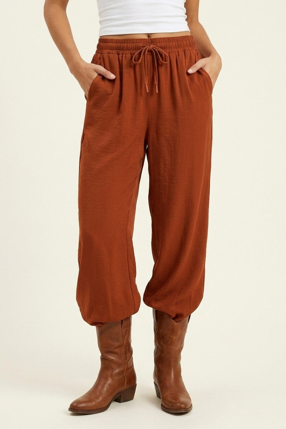 terracotta Wide-Leg Drawstring Waist Casual Pants - trousers