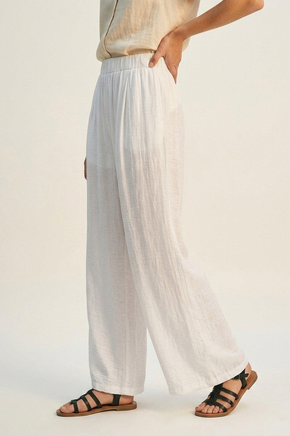 White Lightweight Woven Elastic Waist Wide Leg Pants - trousers