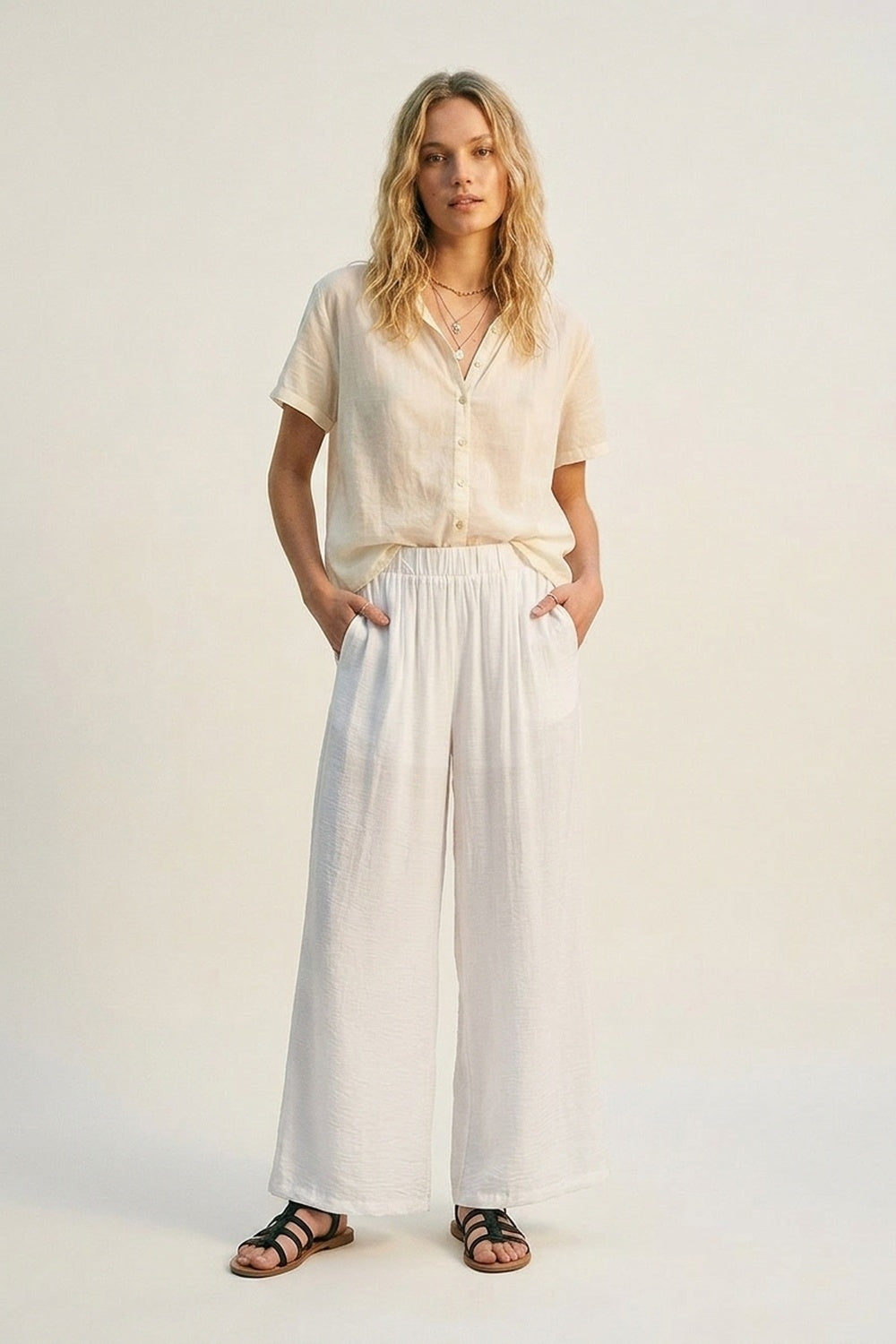 White Lightweight Woven Elastic Waist Wide Leg Pants - trousers