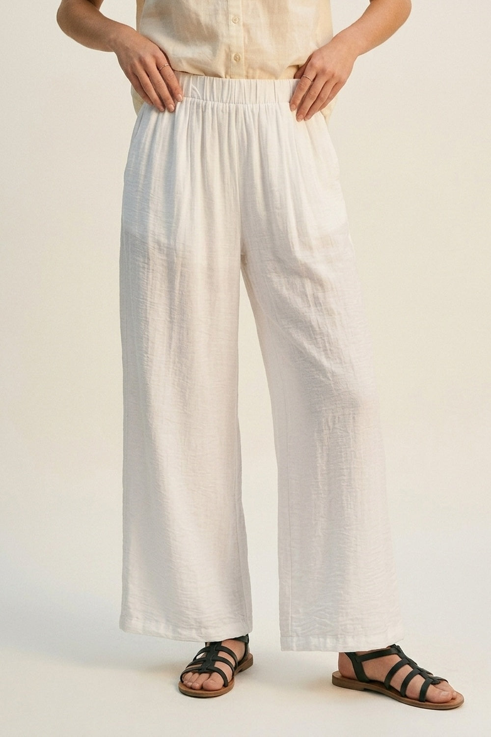 White Lightweight Woven Elastic Waist Wide Leg Pants - trousers