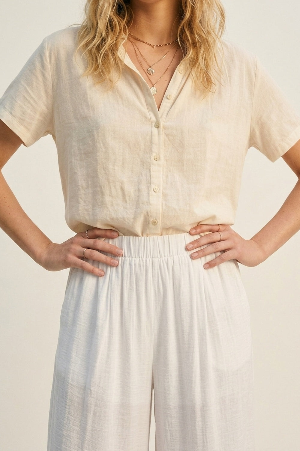 White Lightweight Woven Elastic Waist Wide Leg Pants - trousers