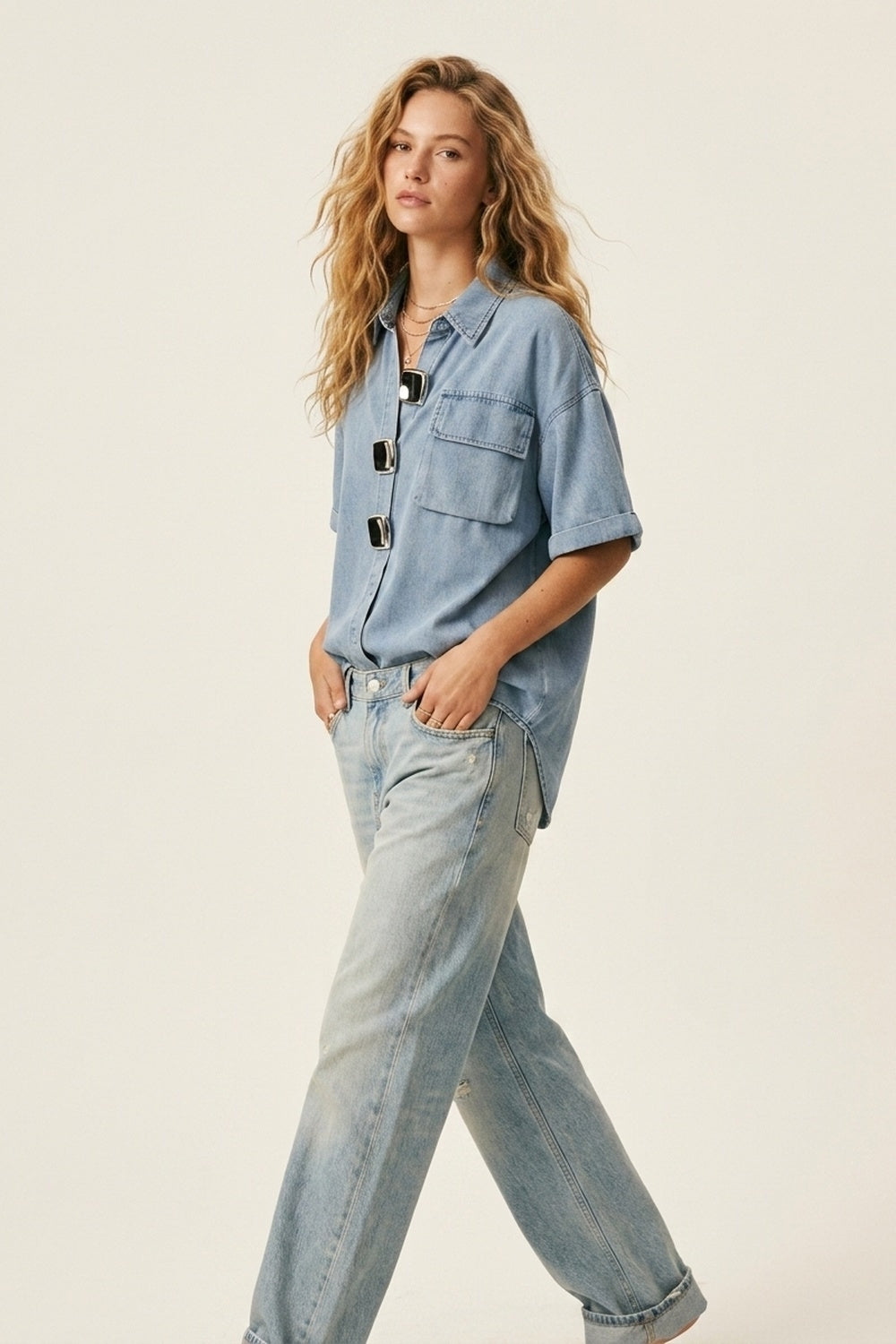 Light Wash Denim Short-Sleeve Shirt with big silver buttons - Shirts