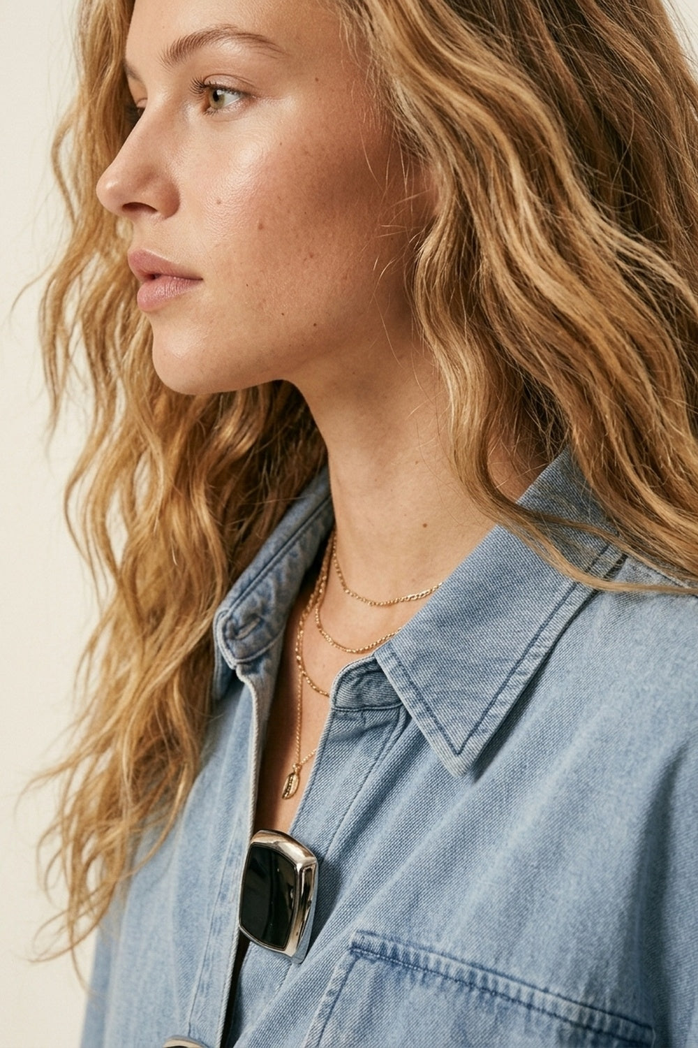 Light Wash Denim Short-Sleeve Shirt with big silver buttons - Shirts