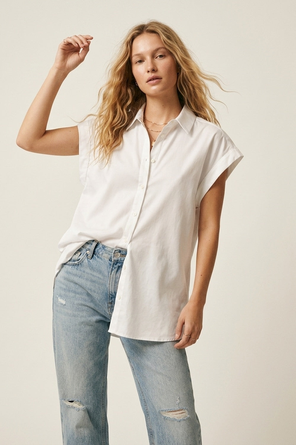 White Button-down Wide Shoulder Oversized Shirt - Shirts