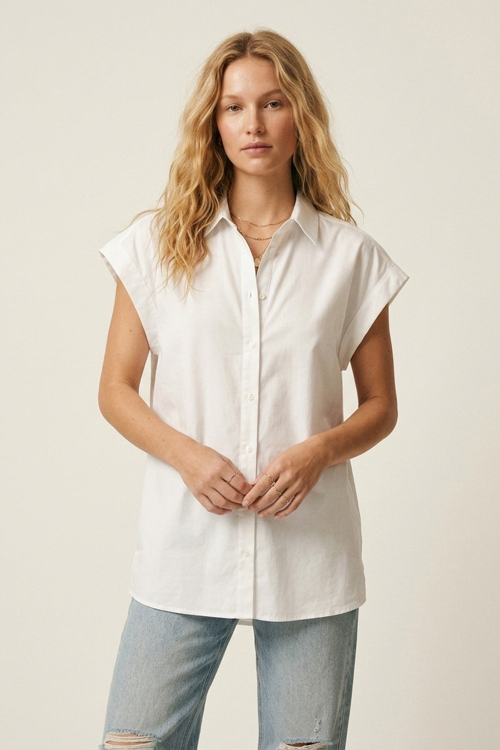 White Button-down Wide Shoulder Oversized Shirt - Shirts