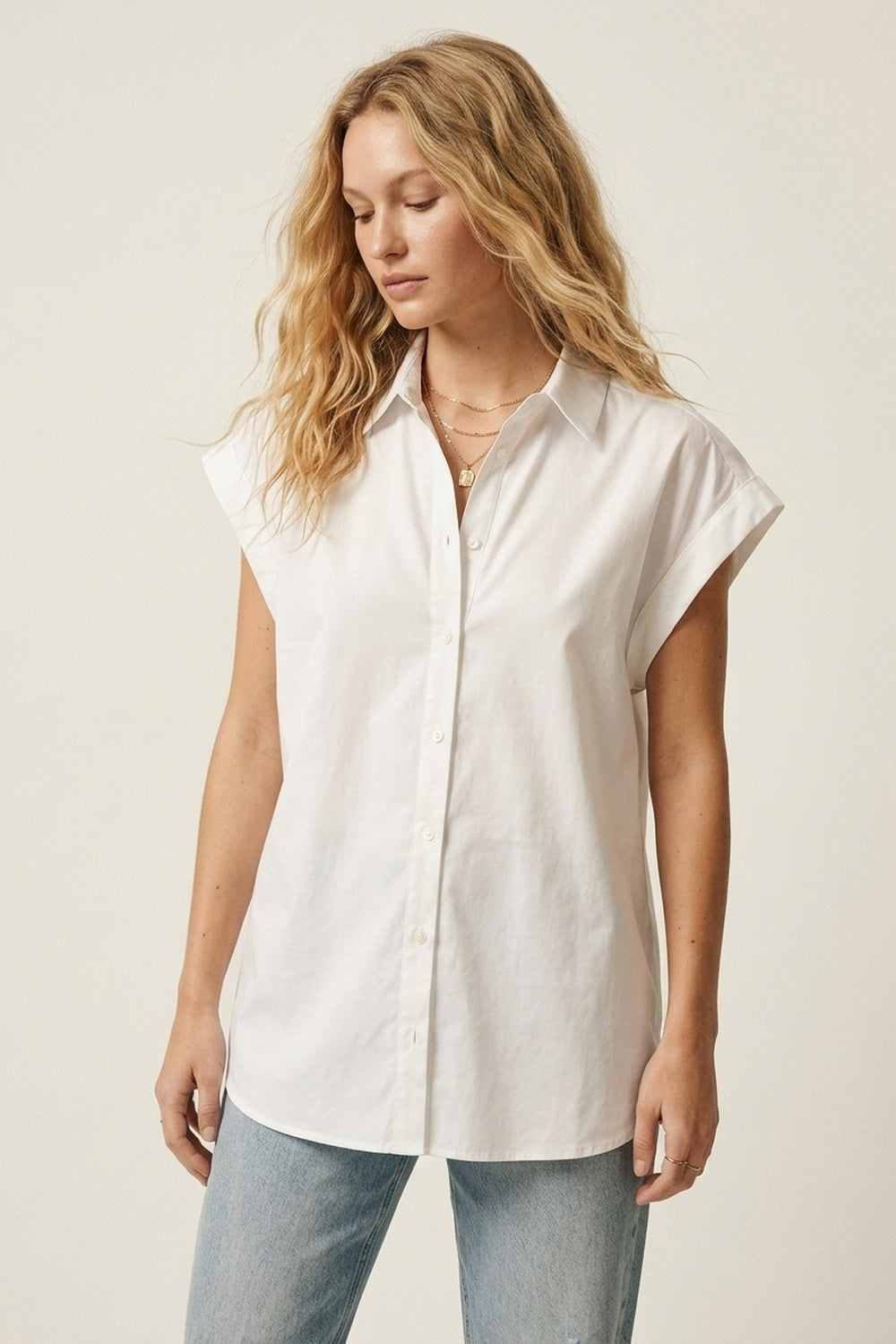 White Button-down Wide Shoulder Oversized Shirt - Shirts