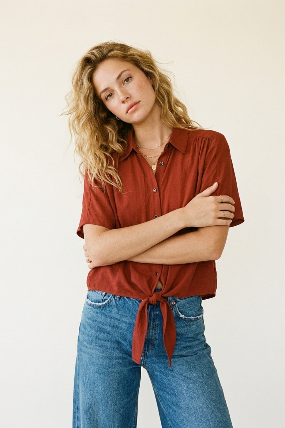 Button-down Short Sleeve Shirt with tie front hem in terracotta - Shirts