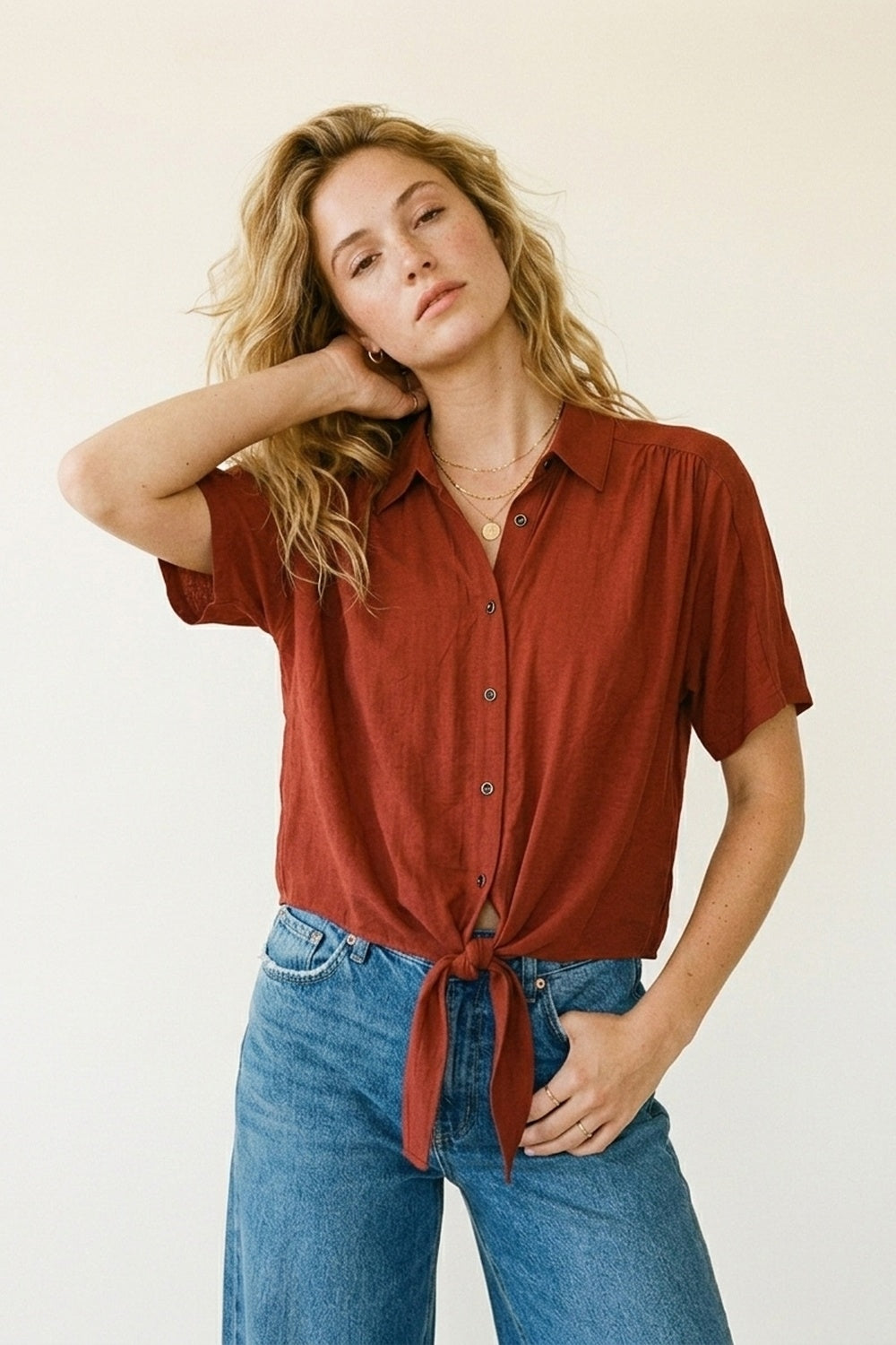 Button-down Short Sleeve Shirt with tie front hem in terracotta - Shirts