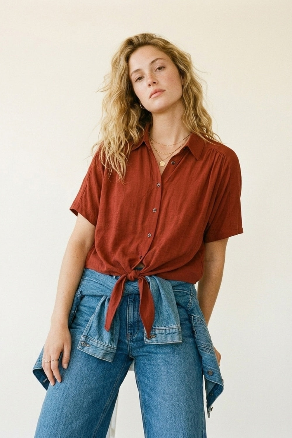Button-down Short Sleeve Shirt with tie front hem in terracotta - Shirts