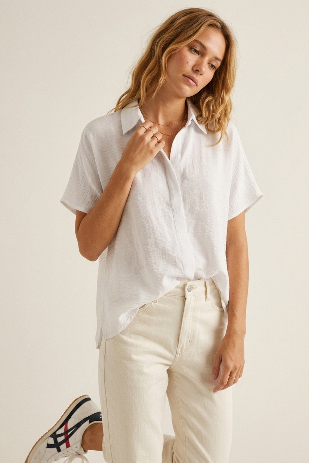 White Textured Cotton Short Sleeve Collared Relaxed Fit Shirt - Shirts