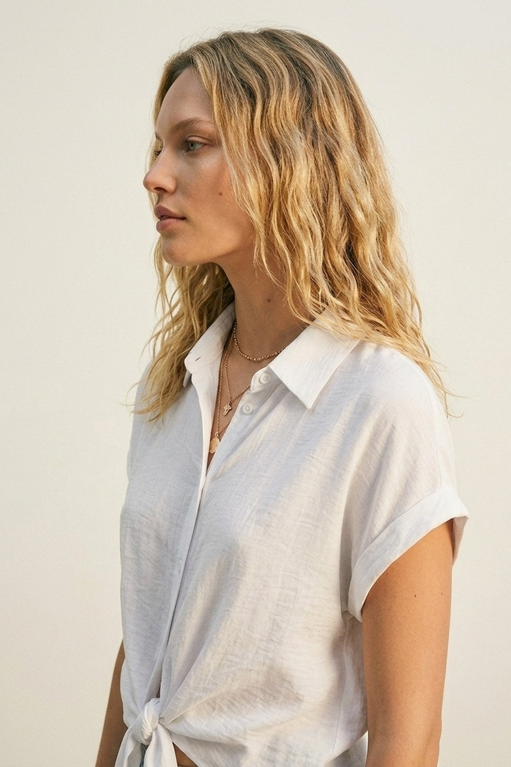 White Lightweight Woven Short Sleeve Shirt Top with Tie Front - Shirts
