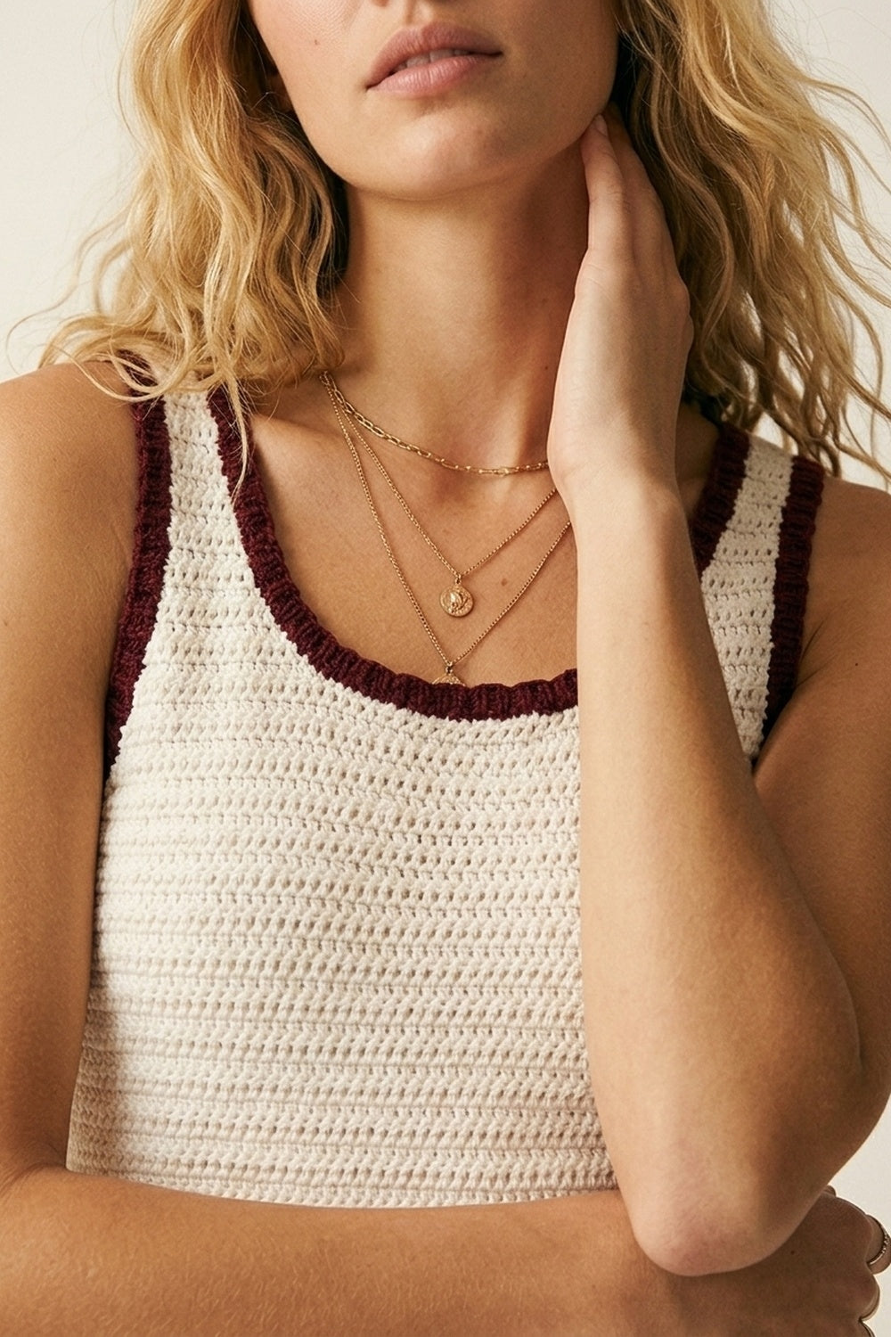 Cream Crocheted Tank Top in Cream with Burgundy Trim