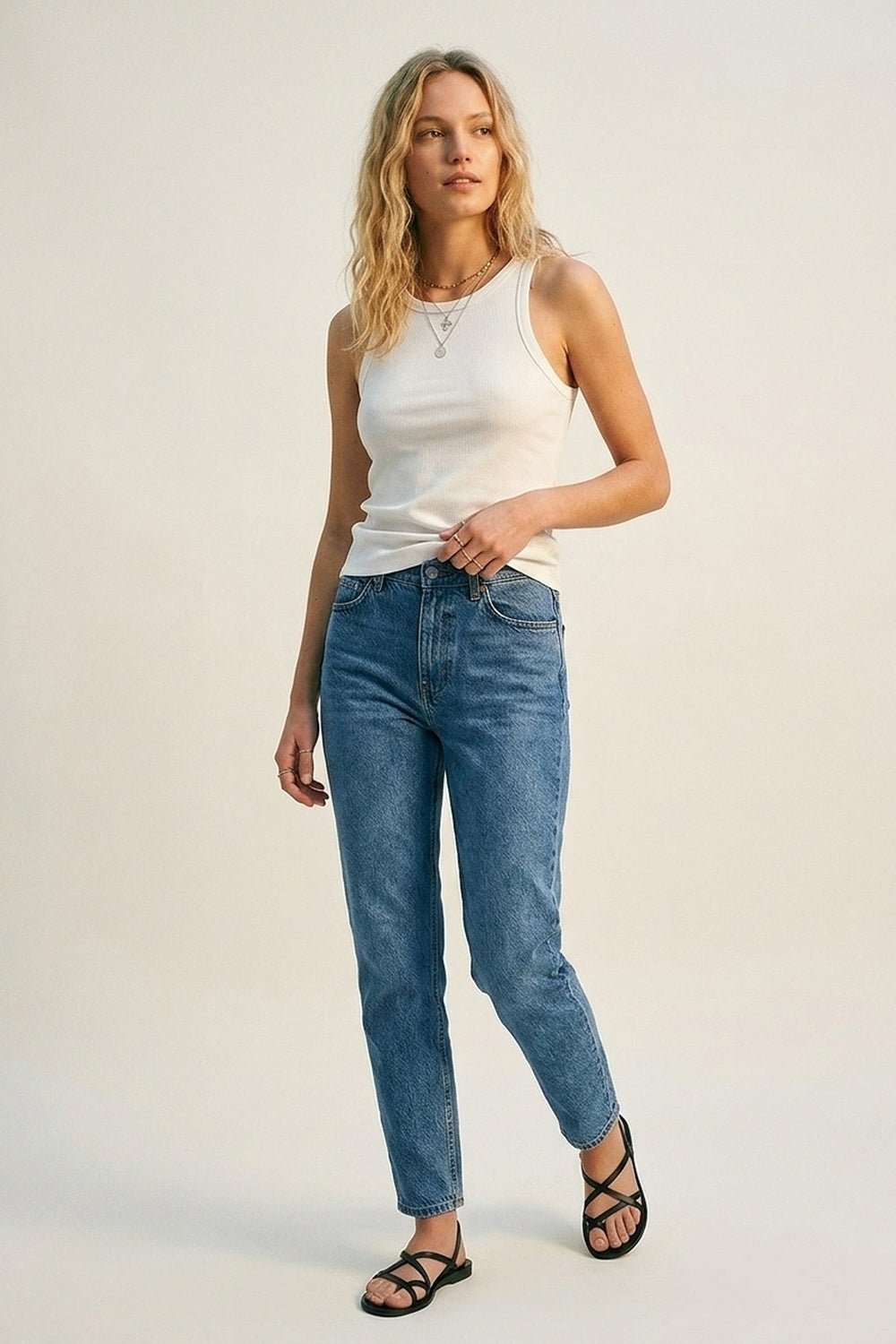 White Ribbed Crew Neck Tank Top with racerback sleeve - top