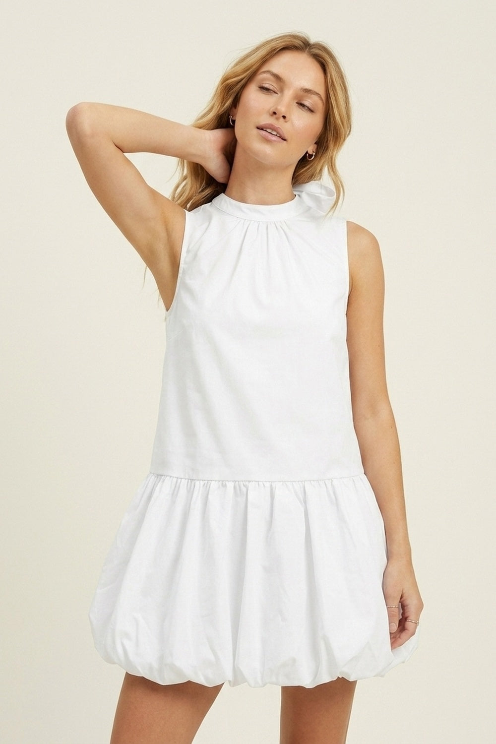 White poplin Sleeveless Dress with Balloon-style Hem - dress