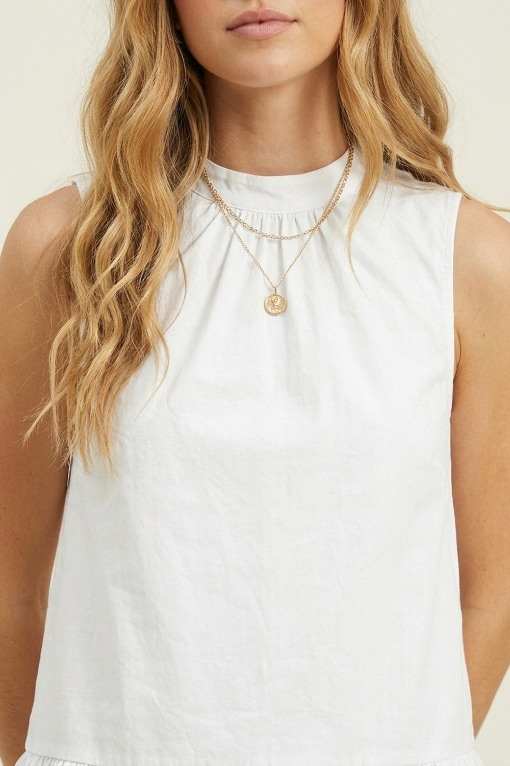 White poplin Sleeveless Dress with Balloon-style Hem - dress