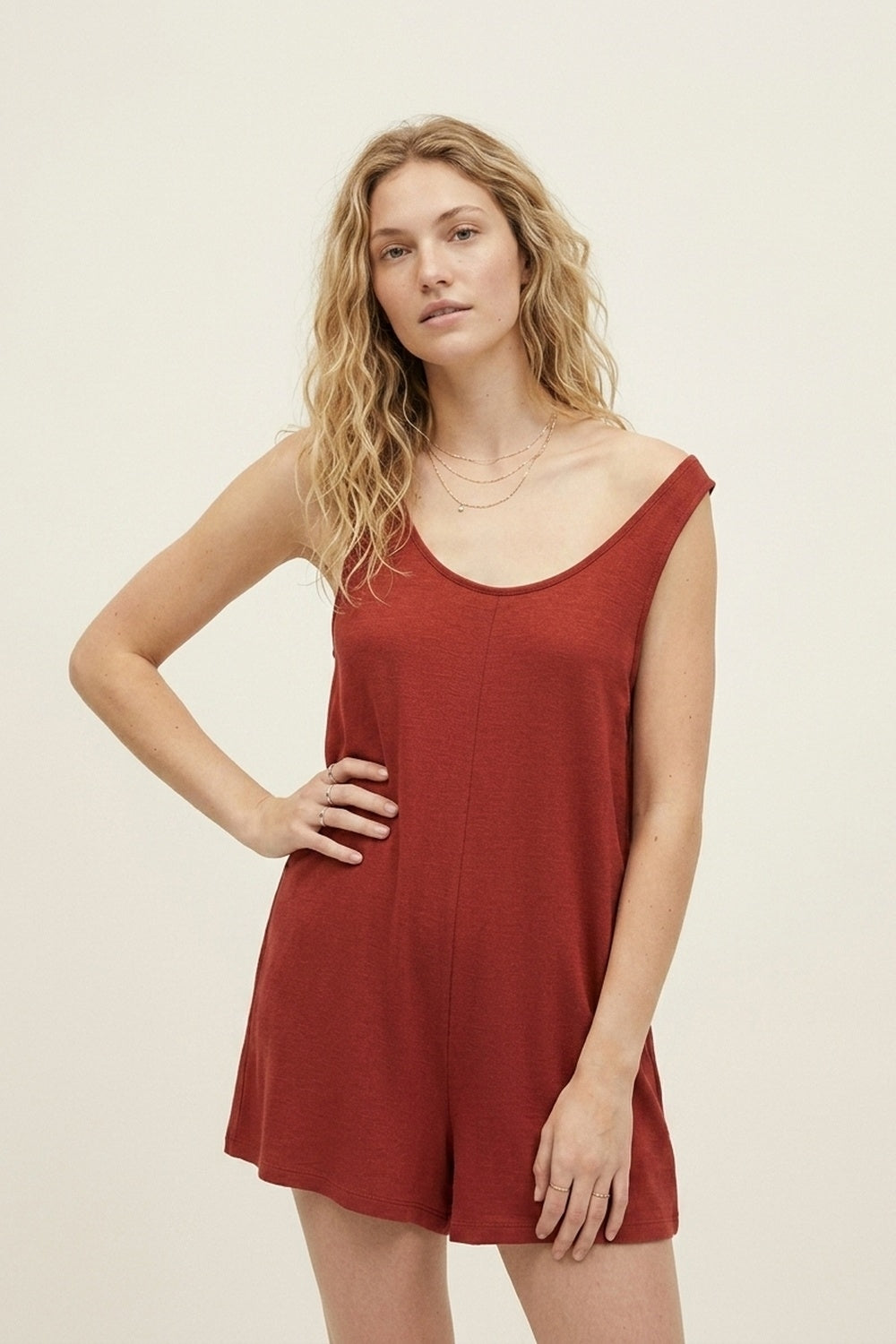 Comfy Short Playsuit With Scoop Neck in Terracotta