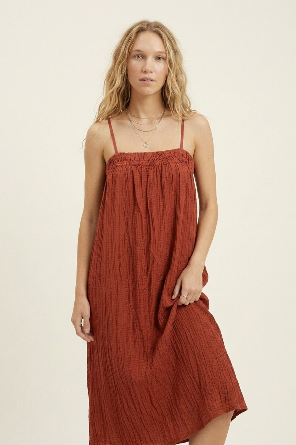 Rust Crinkled Maxi Dress with Spaghetti Straps - dress