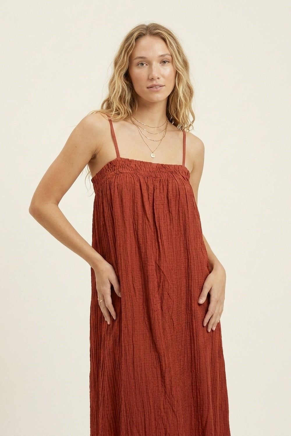 Rust Crinkled Maxi Dress with Spaghetti Straps - dress