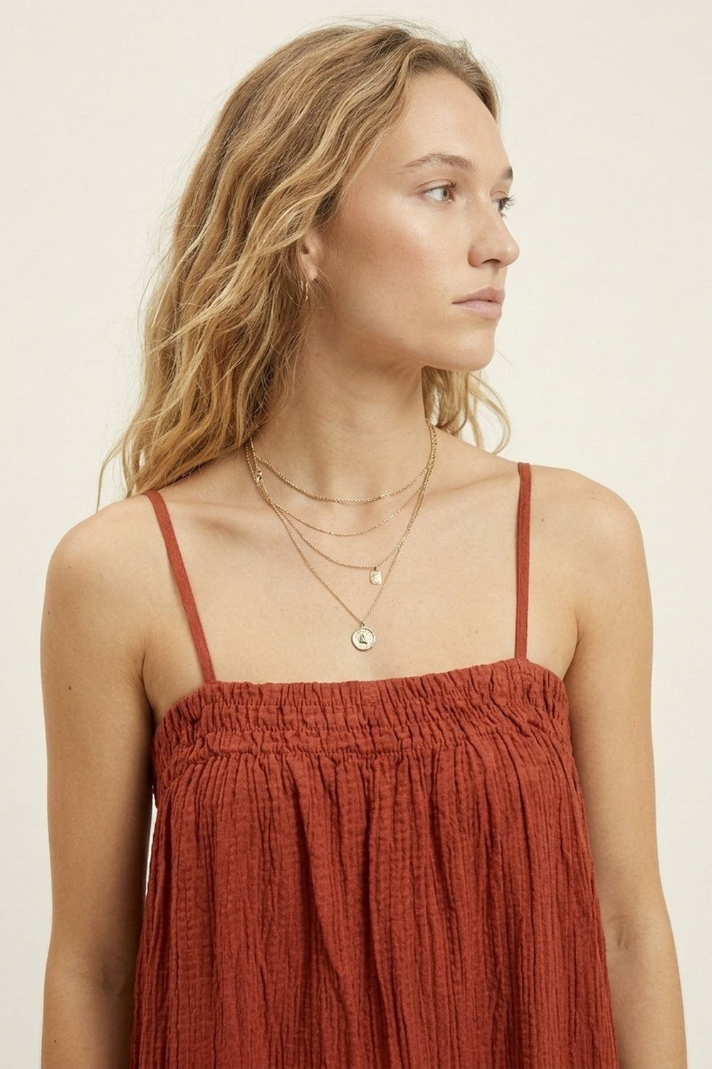 Rust Crinkled Maxi Dress with Spaghetti Straps - dress