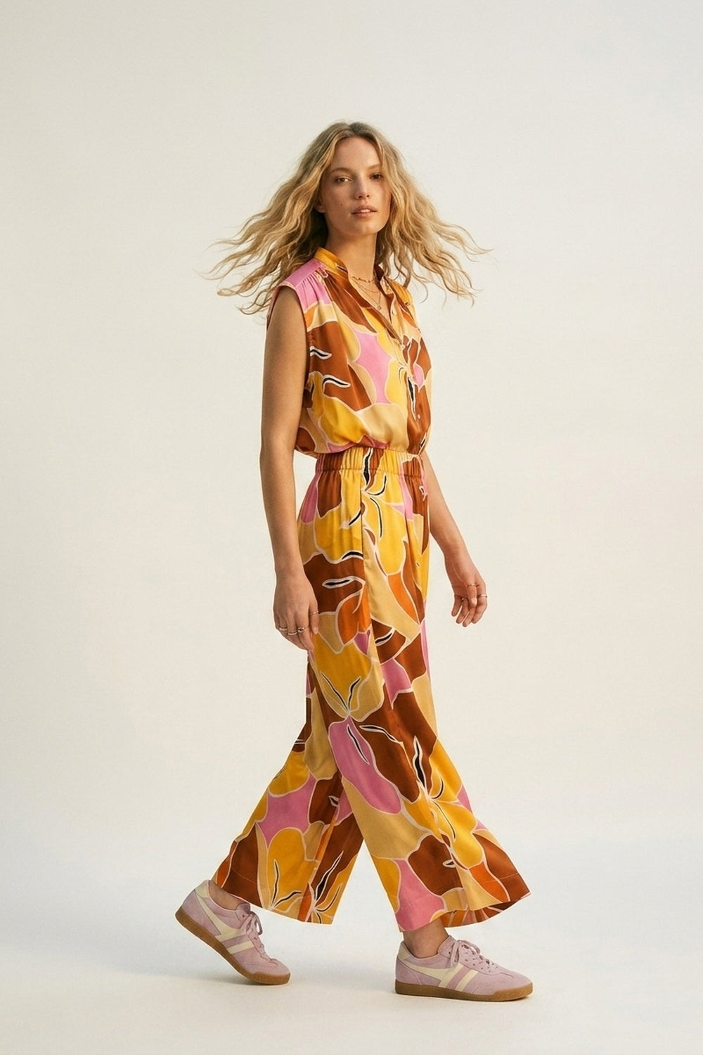 Tropical Print Wide Leg Pants in Warm orange tones - trousers