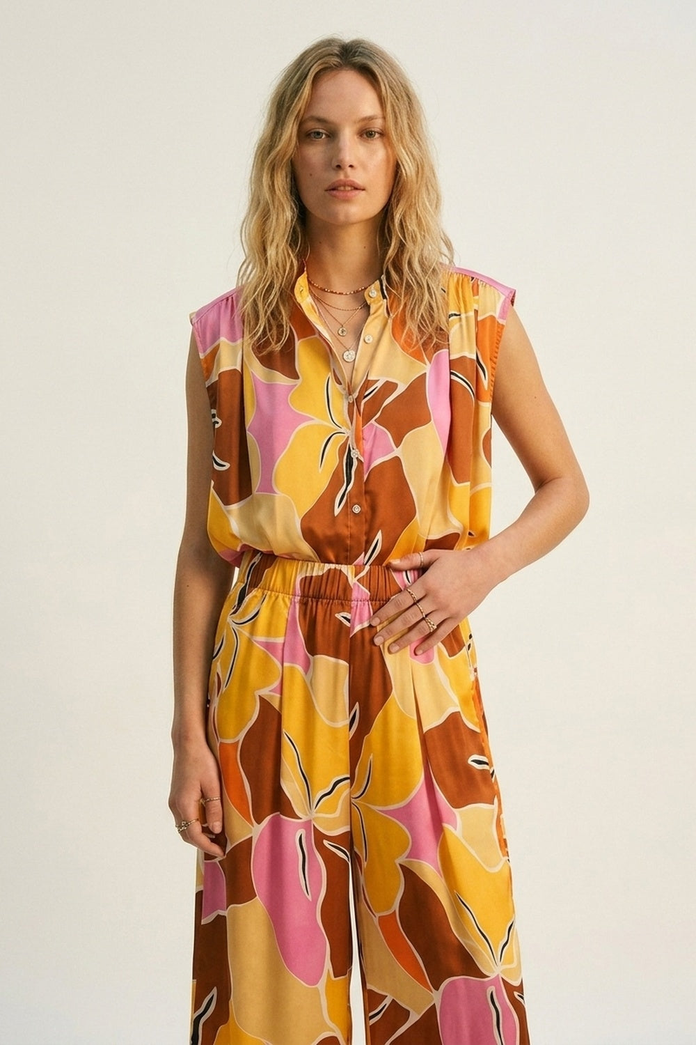 Tropical Print Wide Leg Pants in Warm orange tones - trousers