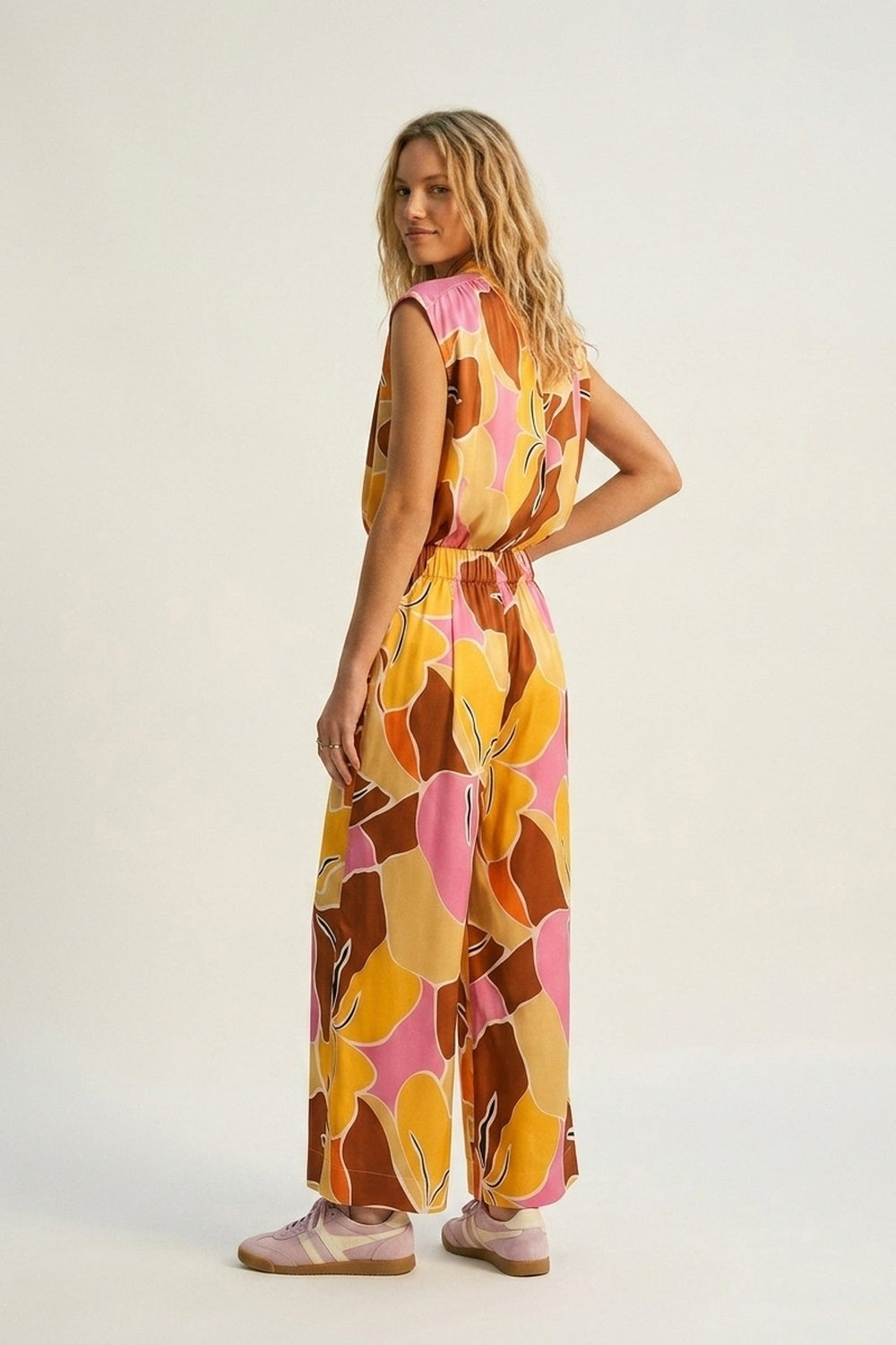 Tropical Print Wide Leg Pants in Warm orange tones - trousers