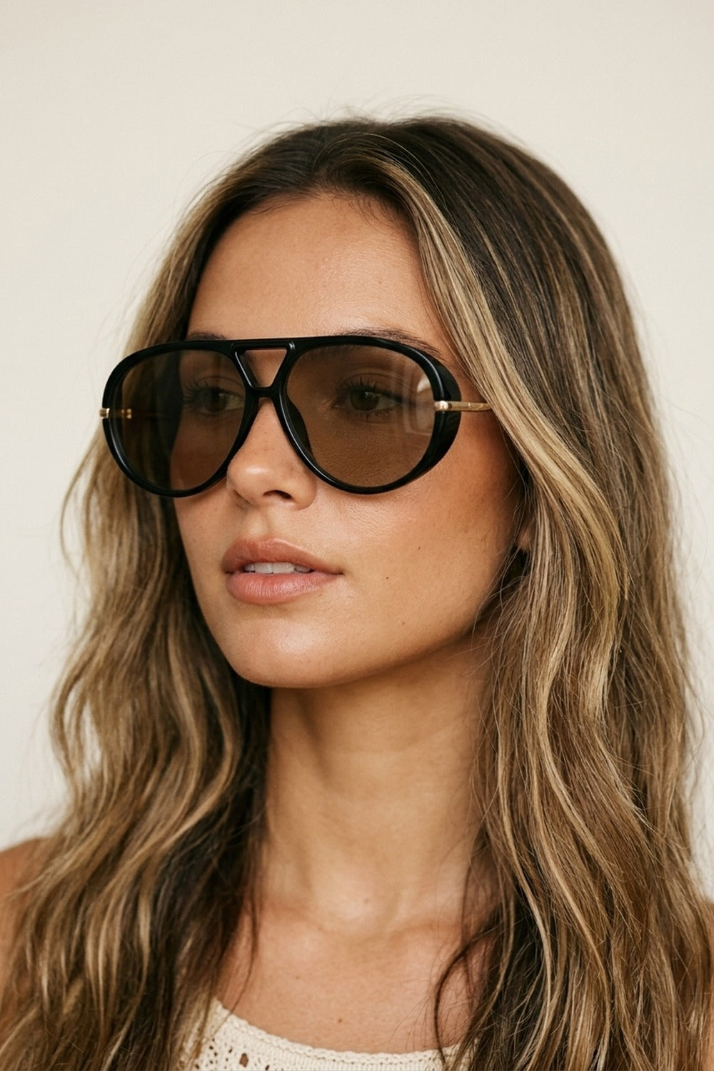 Black Aviator Style Sunglasses with Brown Lenses