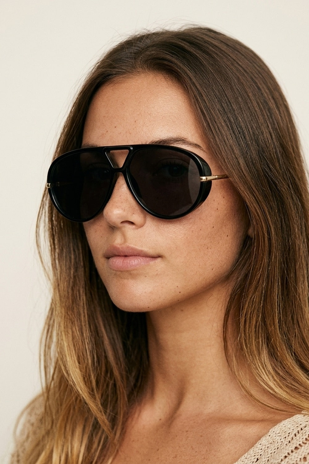 Black Oversized Aviator Sunglasses with Gold Details