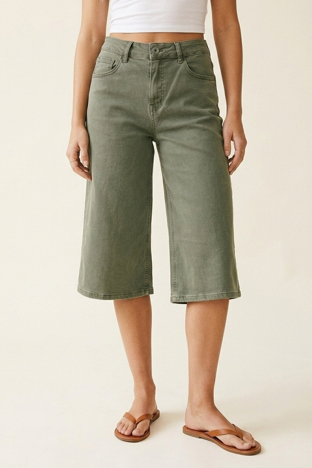 Olive Green Wide-Leg Cropped Denim bermuda Shorts - trousers