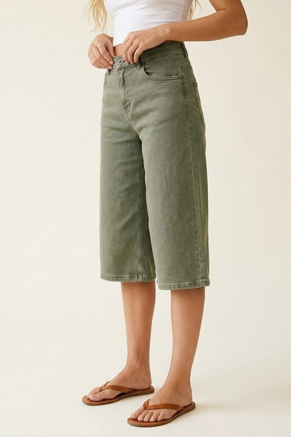Olive Green Wide-Leg Cropped Denim bermuda Shorts - trousers