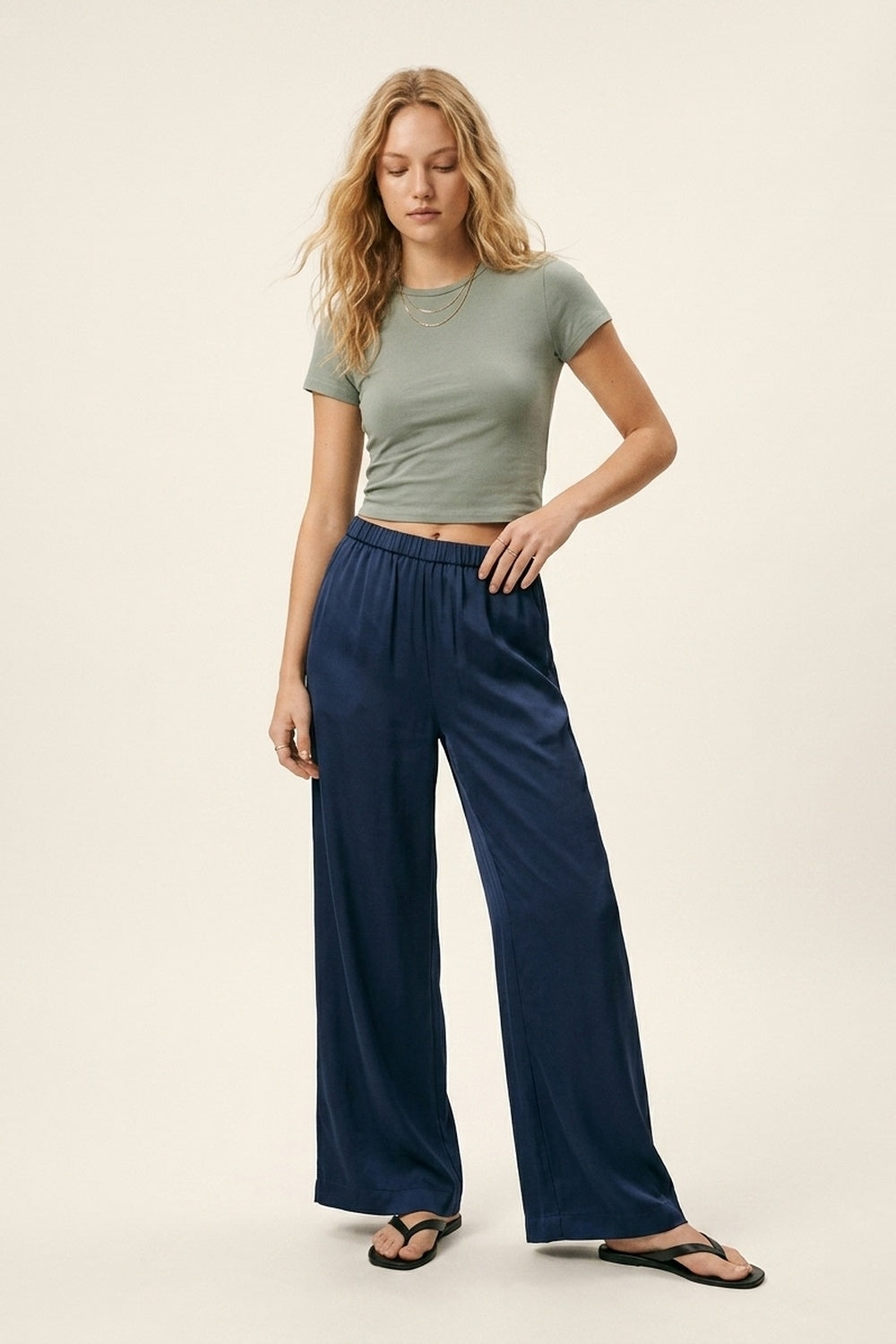 Navy Lightweight Satin Wide Leg Elastic Waist Pants - trousers