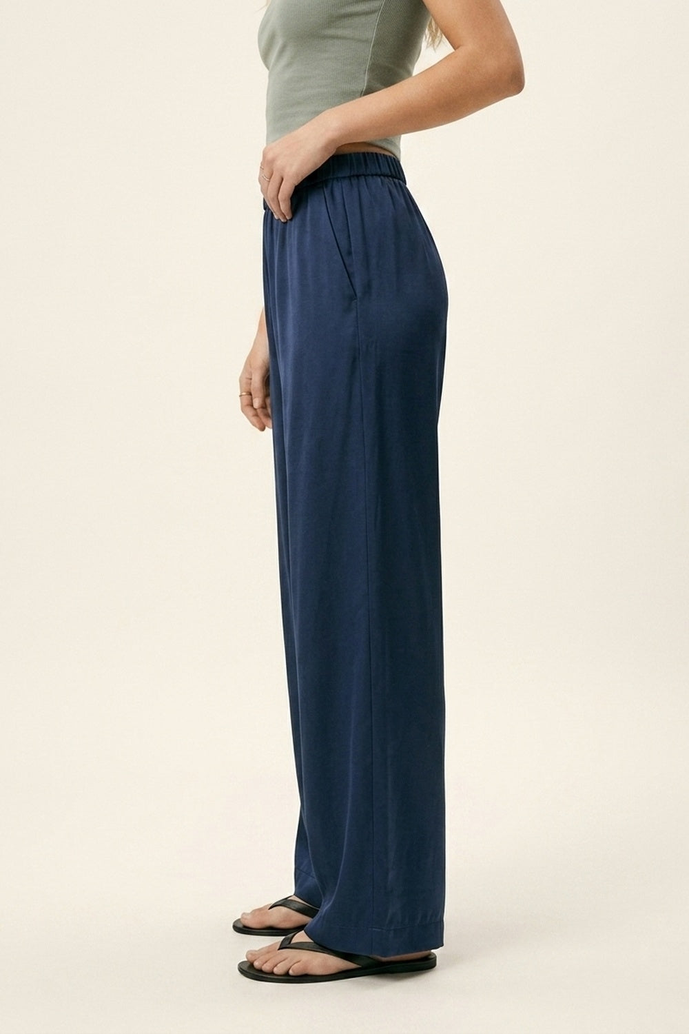 Navy Lightweight Satin Wide Leg Elastic Waist Pants - trousers