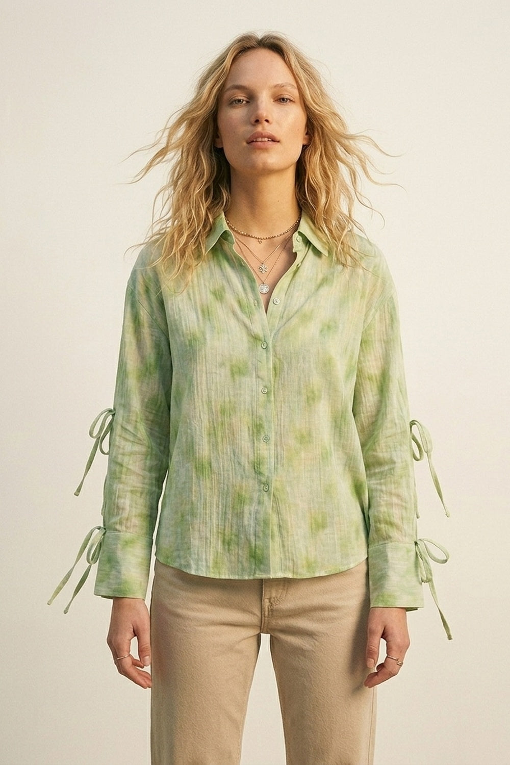 oversized Light Green Tie-Sleeve Button-Up Shirt - Shirts