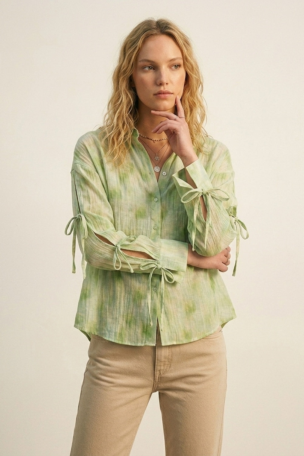 oversized Light Green Tie-Sleeve Button-Up Shirt - Shirts