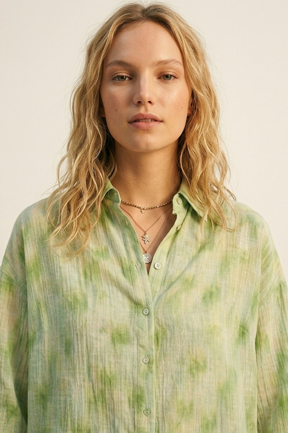 oversized Light Green Tie-Sleeve Button-Up Shirt - Shirts