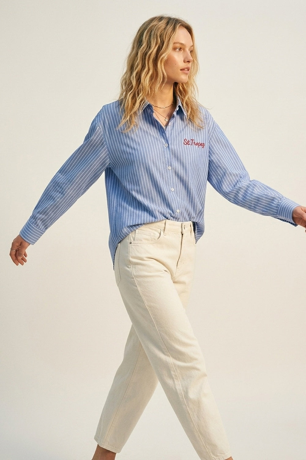 Blue Striped Classic Button-Down Shirt with Embroidery - Shirts