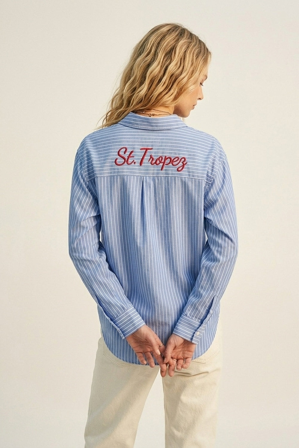 Blue Striped Classic Button-Down Shirt with Embroidery - Shirts