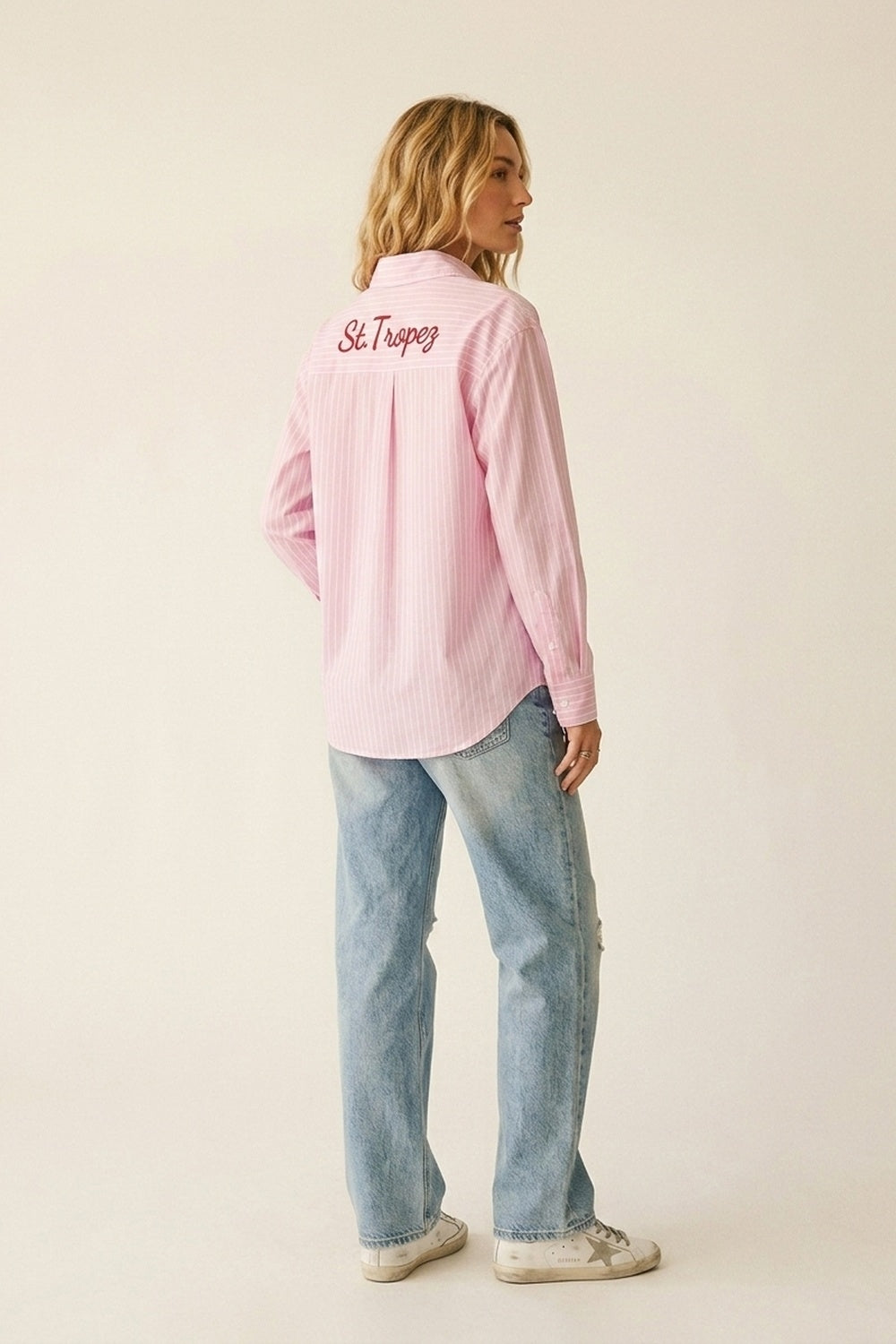 Pink Striped Button-Up Shirt with Embroidered Detail - Shirts
