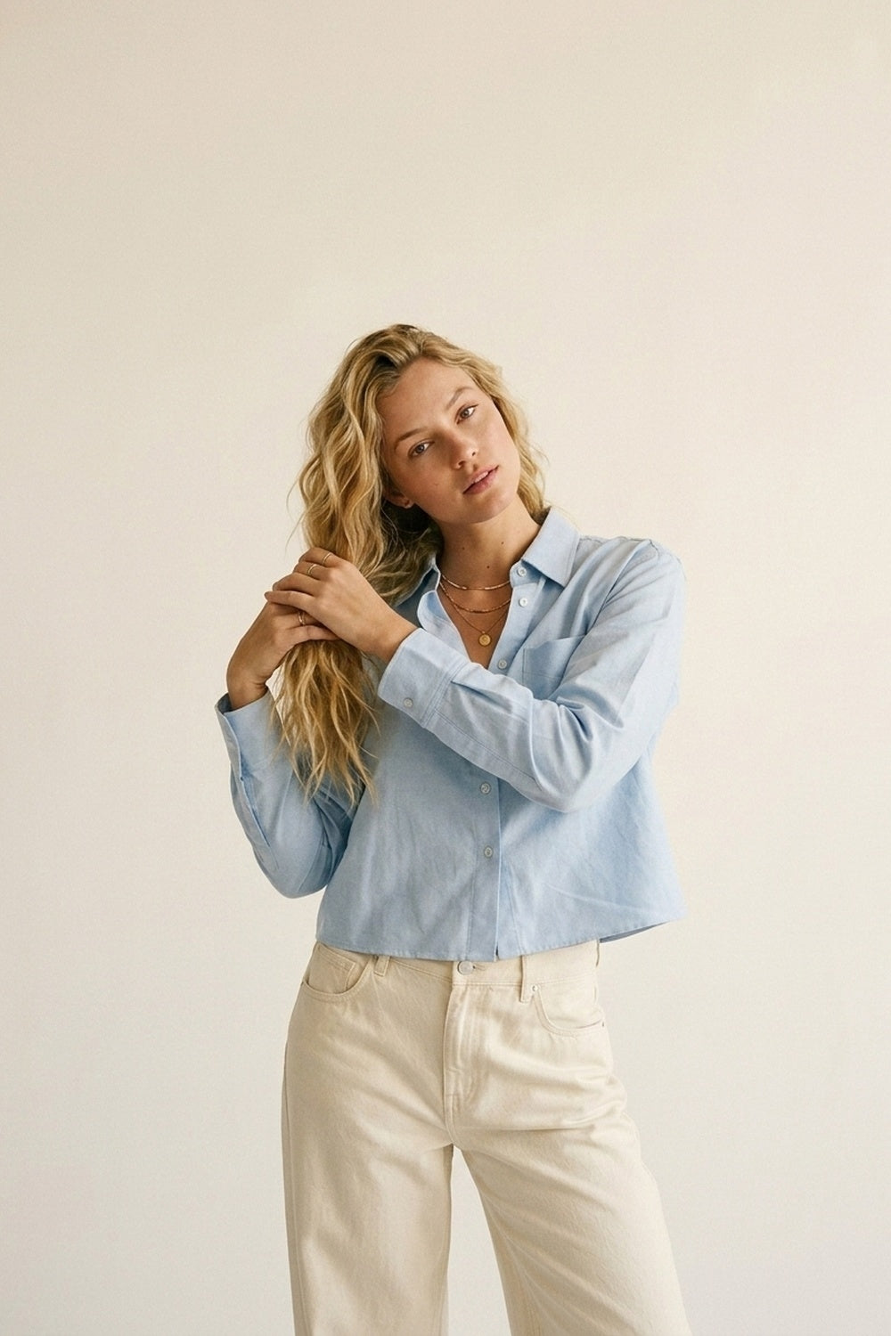 Light Blue Button-Front cropped Shirt in cotton fabric - Shirts