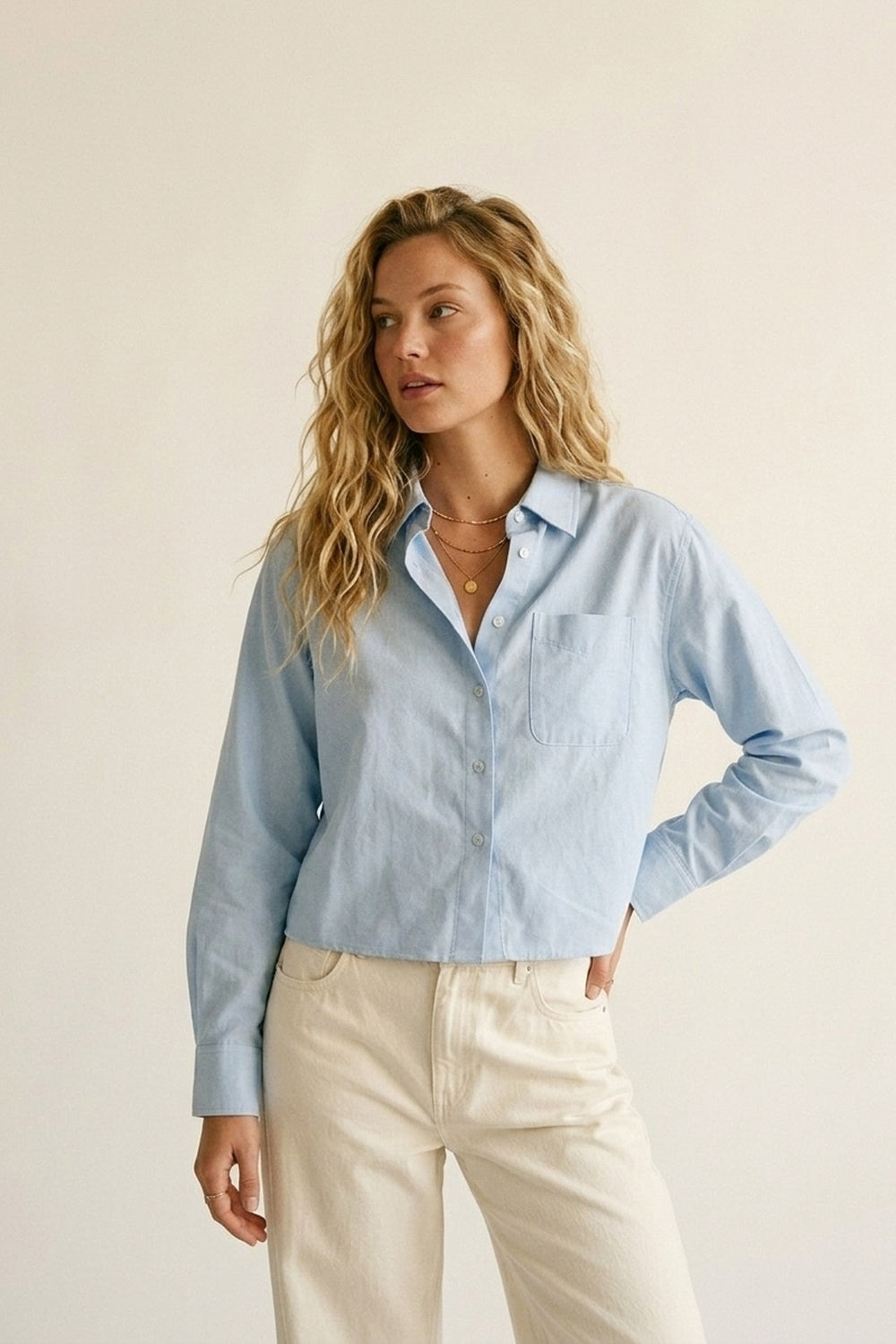 Light Blue Button-Front cropped Shirt in cotton fabric - Shirts