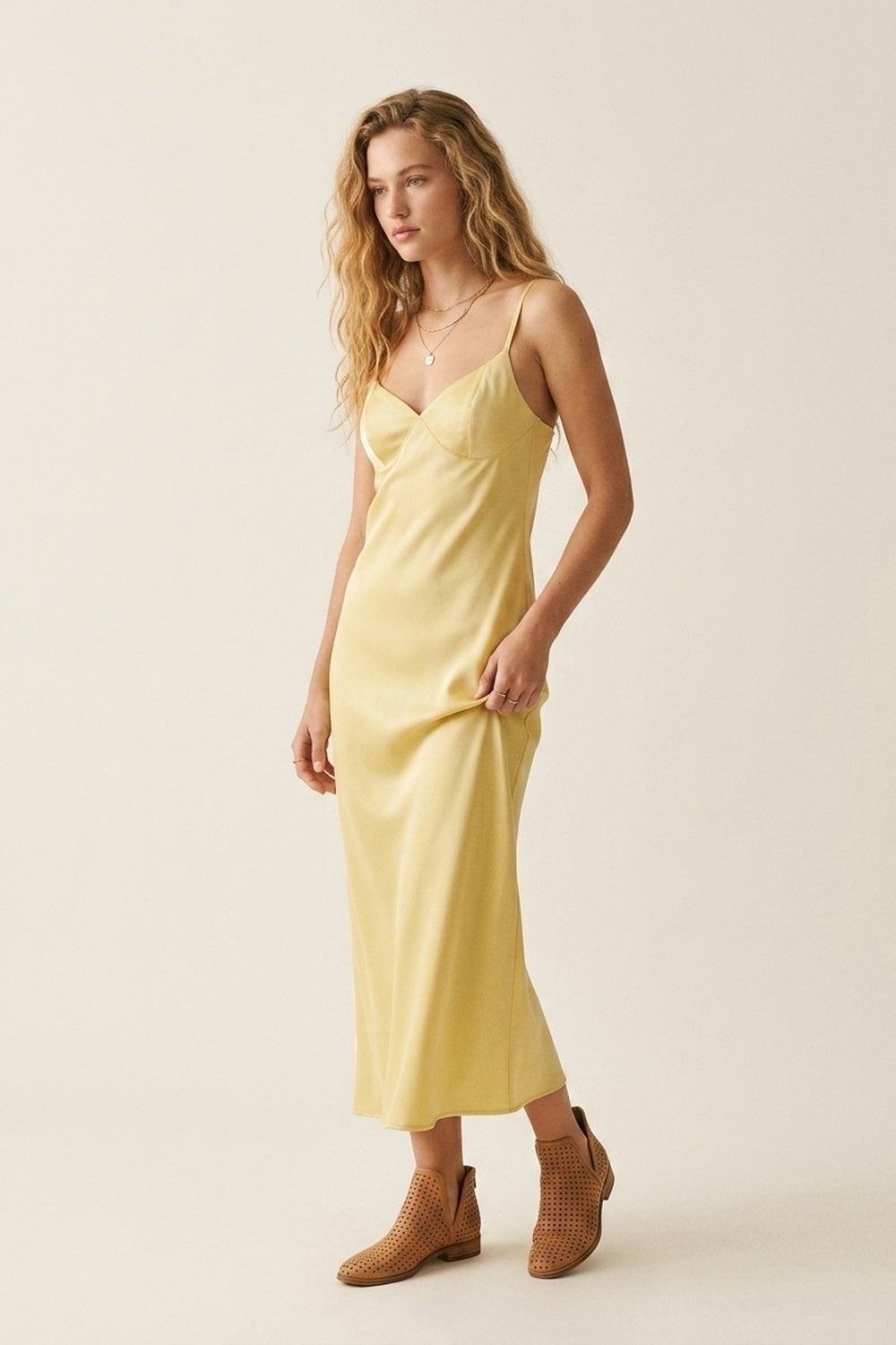 Yellow Satin Slip maxi Dress with Adjustable Straps - dress